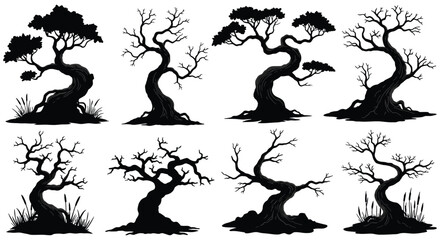 Collection of bare and leafy tree silhouettes in various shapes and sizes