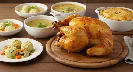 Golden Roast Chicken and Soup on Wooden Table for Family Dinner