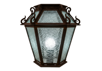 Ornate, antique streetlight, with intricate, dark ironwork and cracked, light-filtering glass, casts a gentle glow in the dark night.
