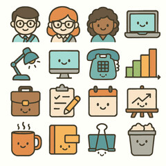 A charming collection of kawaii-style business and office icons featuring diverse professionals and essential workplace tools, perfect for modern digital projects.