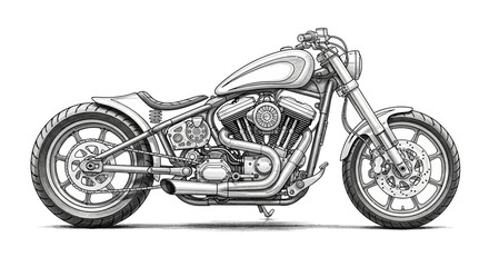 Fototapeta premium Detailed grayscale drawing of classic motorcycle showcasing mechanical features