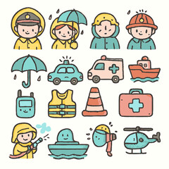 This charming collection of hand-drawn icons illustrates various essential emergency services, safety equipment, and weather-related scenarios.