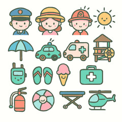 A charming collection of cute, hand-drawn vector icons illustrating community heroes, emergency services, and cheerful summer leisure activities.