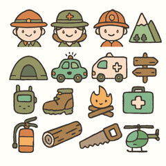 This charming collection of doodle icons depicts various outdoor adventures, emergency services, and essential tools in a playful, hand-drawn style.