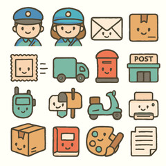 A charming collection of cute, smiling cartoon icons illustrating various aspects of postal service, package delivery, and communication, perfect for modern graphic design.