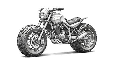 Detailed monochrome drawing of a custom modified motorcycle illustration