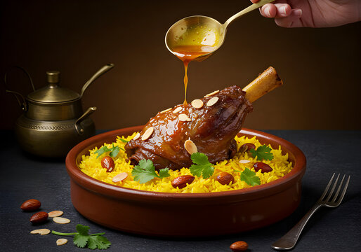 Roasted lamb shank with saffron rice