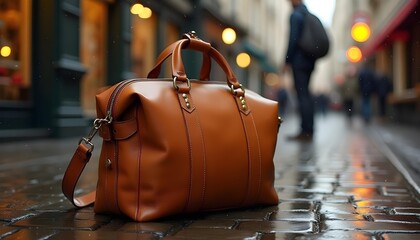 Stylish leather duffle bag on a wet city street