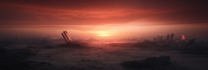 Dramatic sunset over alien desert landscape with ruins