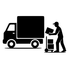 Black Silhouette Delivery Worker Unloading Boxes from Truck Vector Isolated on White Background