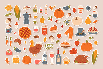 Hand drawn colorful stickers set of Thanksgiving day. Harvest festive elements, turkey, corn, pumpkin pie, wine, leaves, coffee, candle. Family holiday icons for greeting card, scrapbooking, print