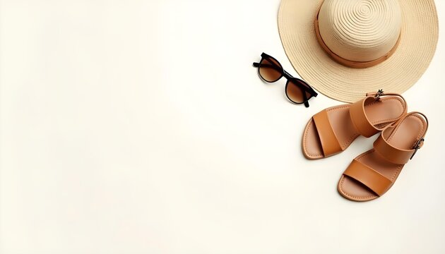 Summer vacation essentials straw hat sunglasses and sandals