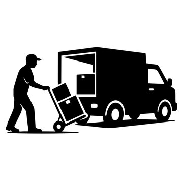 Black Silhouette Delivery Worker Unloading Boxes from Truck Vector Isolated on White Background