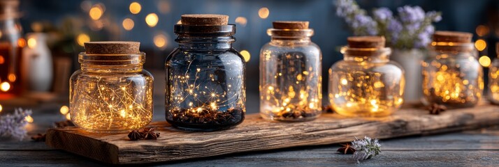 Rustic glass jars with fairy lights create cozy decorative ambiance for celebrations, home decor, or romantic events in warm, inviting settings