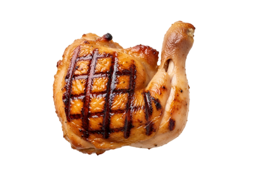 A grilled chicken drumstick, showcasing rich golden-brown grill marks and a delicious, appetizing appearance against a stark black backdrop.