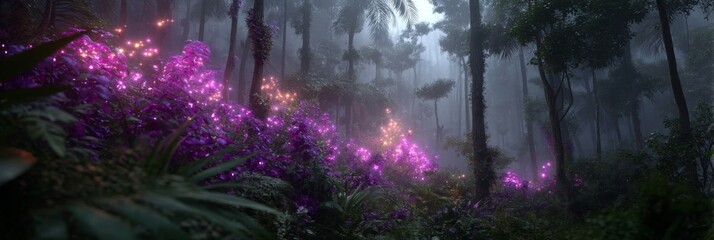 Enchanting forest scene with vibrant glowing flowers amidst dense mist and lush greenery in a magical atmosphere