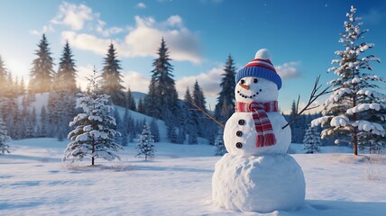 Obraz premium Festive Snowman in Winter Wonderland Landscape with Snow Covered Trees and Blue Sky Holiday Season Image