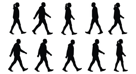 Silhouettes of people walking in various poses and styles side by side