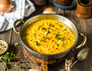 A rustic kitchen scene with a pot of simmering rice porridge