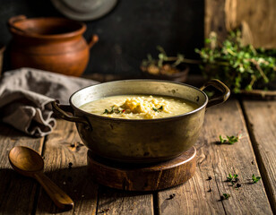 A rustic kitchen scene with a pot of simmering rice porridge