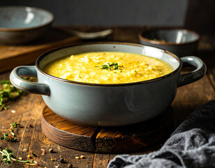 A rustic kitchen scene with a pot of simmering rice porridge