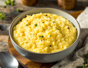 A rustic kitchen scene with a pot of simmering rice porridge