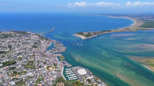Aerial view of the french village of Le Croisic in Guerande France with sailboats parked in the bay 