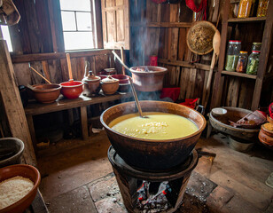 A rustic kitchen scene with a pot of simmering rice porridge