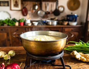 A rustic kitchen scene with a pot of simmering rice porridge