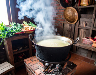 A rustic kitchen scene with a pot of simmering rice porridge