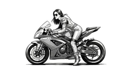 Obraz premium Dynamic monochrome illustration of a stylish woman riding motorcycle