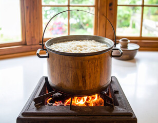 A rustic kitchen scene with a pot of simmering rice porridge