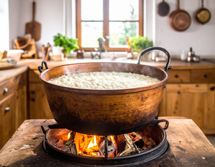 A rustic kitchen scene with a pot of simmering rice porridge