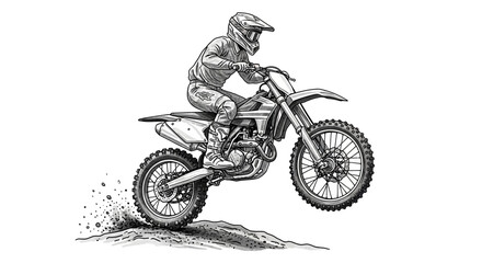 Dynamic monochrome illustration of a motocross rider in action on dirt terrain