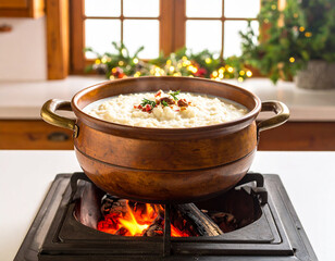 A rustic kitchen scene with a pot of simmering rice porridge