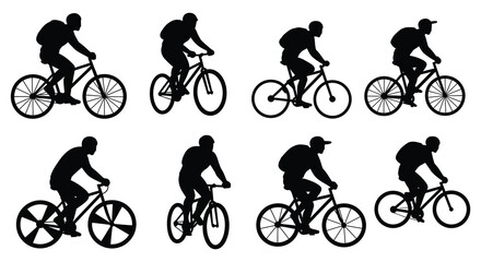 Fototapeta premium Silhouette of people riding bicycles in different positions on white background