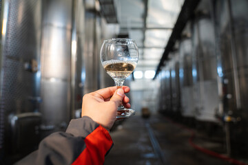 Hand holding a wine glass with bubbly sparkeling wine inside a wine factory