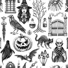 Happy Halloween background. Spooky season seamless pattern. Witch, vampire, monsters, pumpkin head sketches. Hand drawn vector illustration NOT AI generated