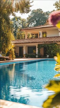 This luxurious estate features a beautiful Spanish-style home with a private pool and spacious backyard. The property boasts high-end amenities, modern fixtures, landscaped lawns, and is nestled in an