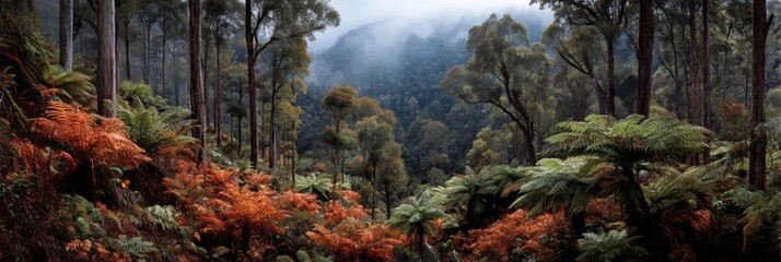 Fototapeta premium Lush Green Forest with Ferns and Misty Background in Serene Wilderness Landscape