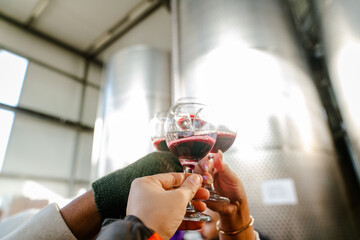 A group of frends as they do cheers with red wine glasses
