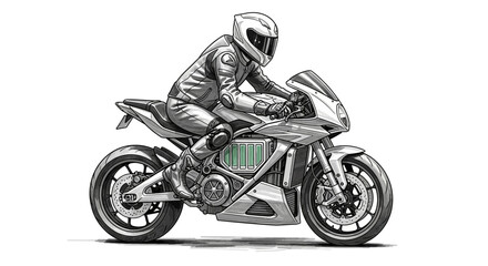 Fototapeta premium Futuristic electric motorcycle illustration with rider in monochrome style