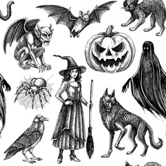 Fototapeta na wymiar Halloween background. Gothic pattern seamless texture. Witch, vampire, monsters, pumpkin head sketches. Hand drawn vector illustrationNOT AI generated