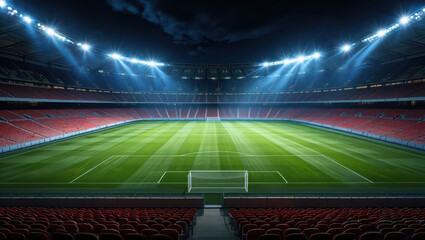 Illuminated soccer stadium at night with empty seats and goal