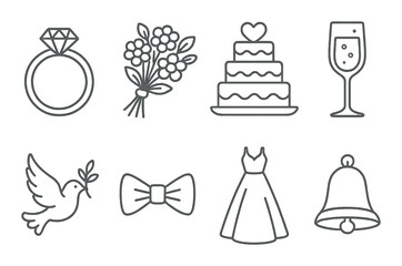 Elegant wedding icons: ring, bouquet, cake, glass, dove, bowtie, dress, bell