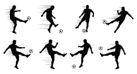 Silhouettes of soccer players in various kicking positions on white background