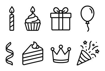 Celebration icons: candle, cupcake, gift, balloon, streamer, cake, crown, party popper
