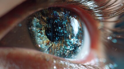 A close-up of an eye showcases a stunning reflection of a vibrant cityscape filled with bright lights and structures. The scene captures the blend of technology and human emotion.