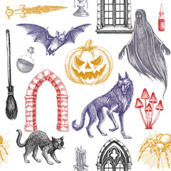 Halloween background. Gothic pattern seamless texture. Spooky season hand drawn vector illustration. NOT AI generated