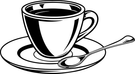 Classic Coffee Cup with a Spoon on a Saucer, Black and White Engraving Style
